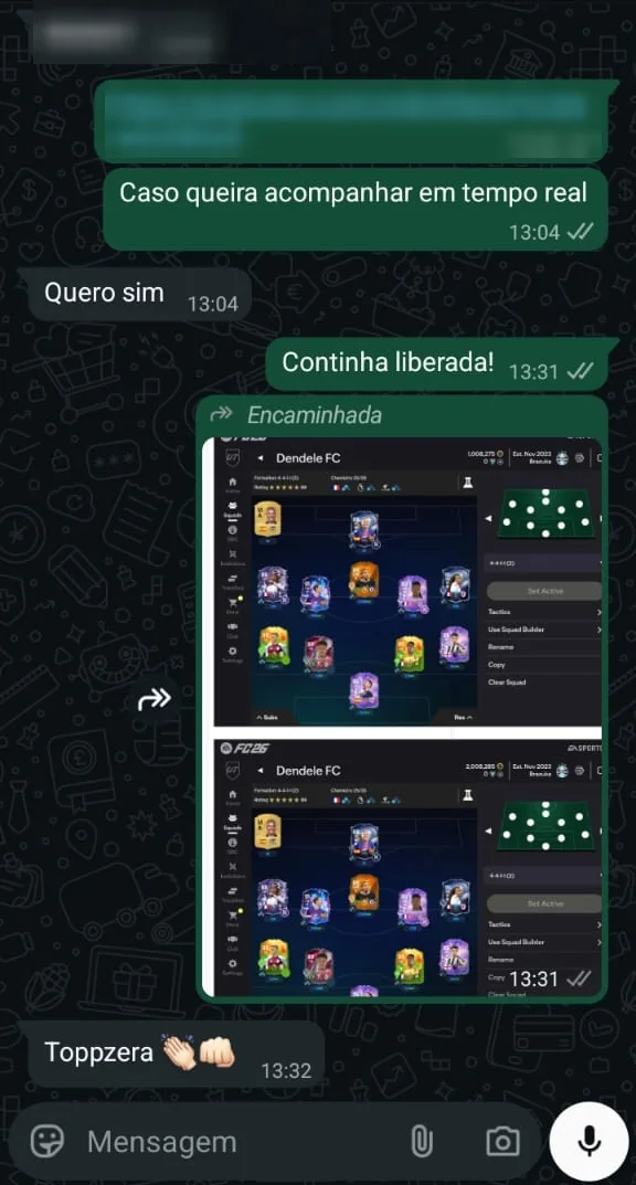Conversa no WhatsApp: cliente recebe a confirmação 'Continha liberada!' e agradece
