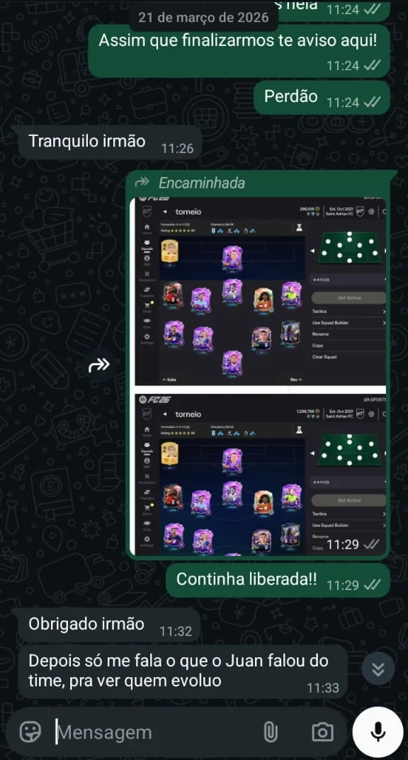 Conversa no WhatsApp com print do time atualizado e cliente agradecendo
