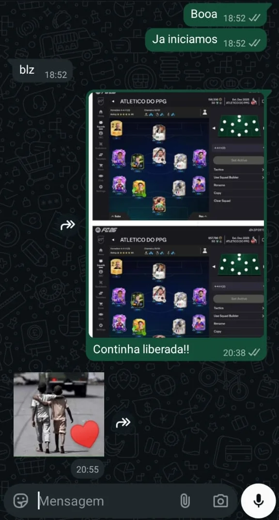 Conversa no WhatsApp: coins entregues, print do time e cliente elogiando o atendimento