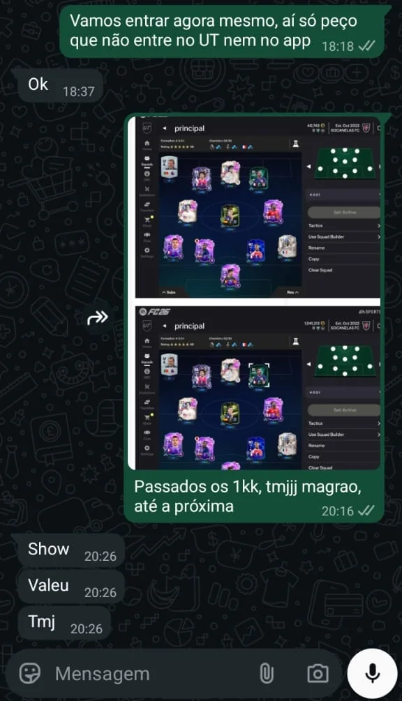Conversa no WhatsApp com print antes e depois e cliente agradecendo pela entrega de 1KK